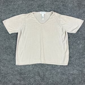 August Silk Top Womens 1X Beige 100% Silk VNeck Short Sleeve Lightweight